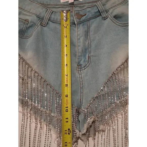 Hot & Delicious Rhinestone Fringe Denim Shorts Icy GRL Light Wash Medium... - Picture 5 of 7
